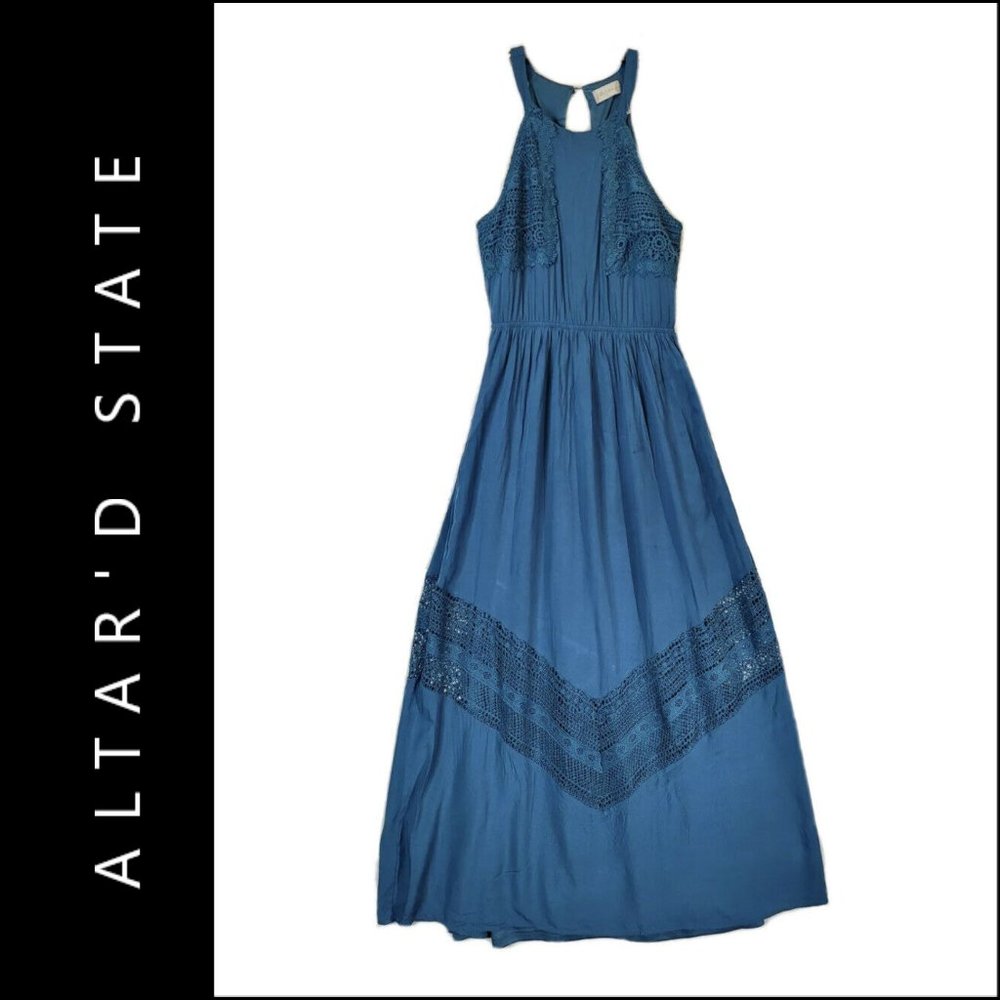 Altar'd State Blue Crochet Halter Midi Dress
